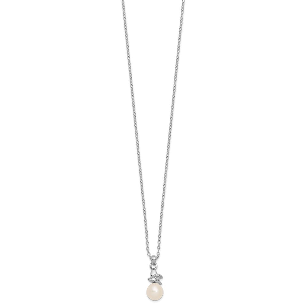 Sterling Silver Rhodium-plated 6- White Button Freshwater Cultured Pearl and CZ Necklace