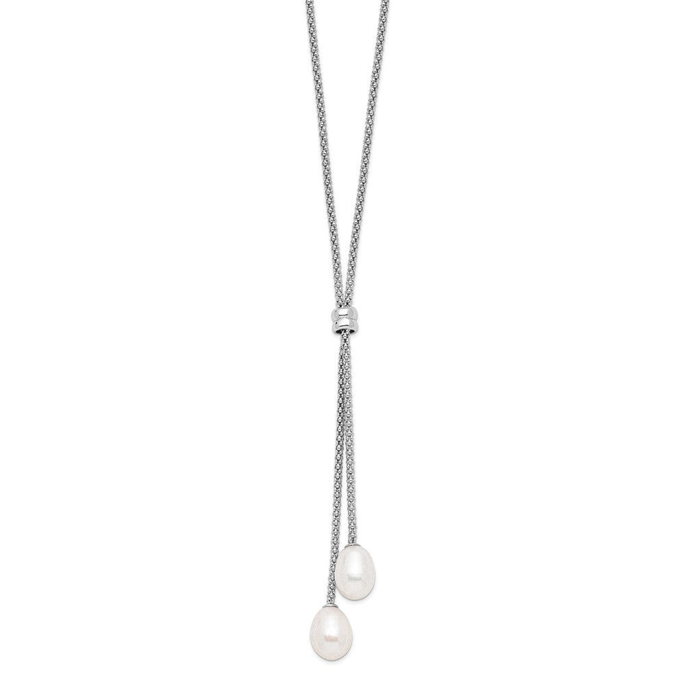 Sterling Silver Rhodium-plated 7- Teardrop Freshwater Cultured Pearl with Extension Drop Necklace