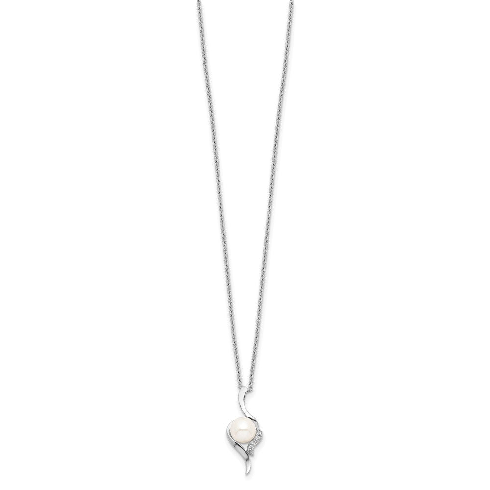 Sterling Silver Rhodium-plated 6- White Semi-Round Freshwater Cultured Pearl and CZ Necklace