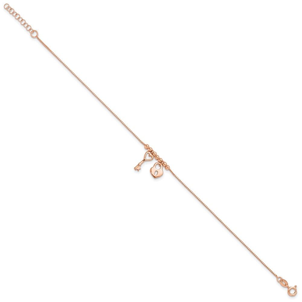 Sterling Silver Rose-tone Polished Heart Lock with ext Anklet