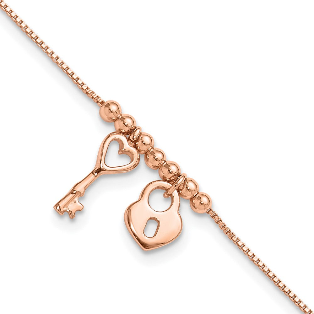 Sterling Silver Rose-tone Polished Heart Lock with ext Anklet