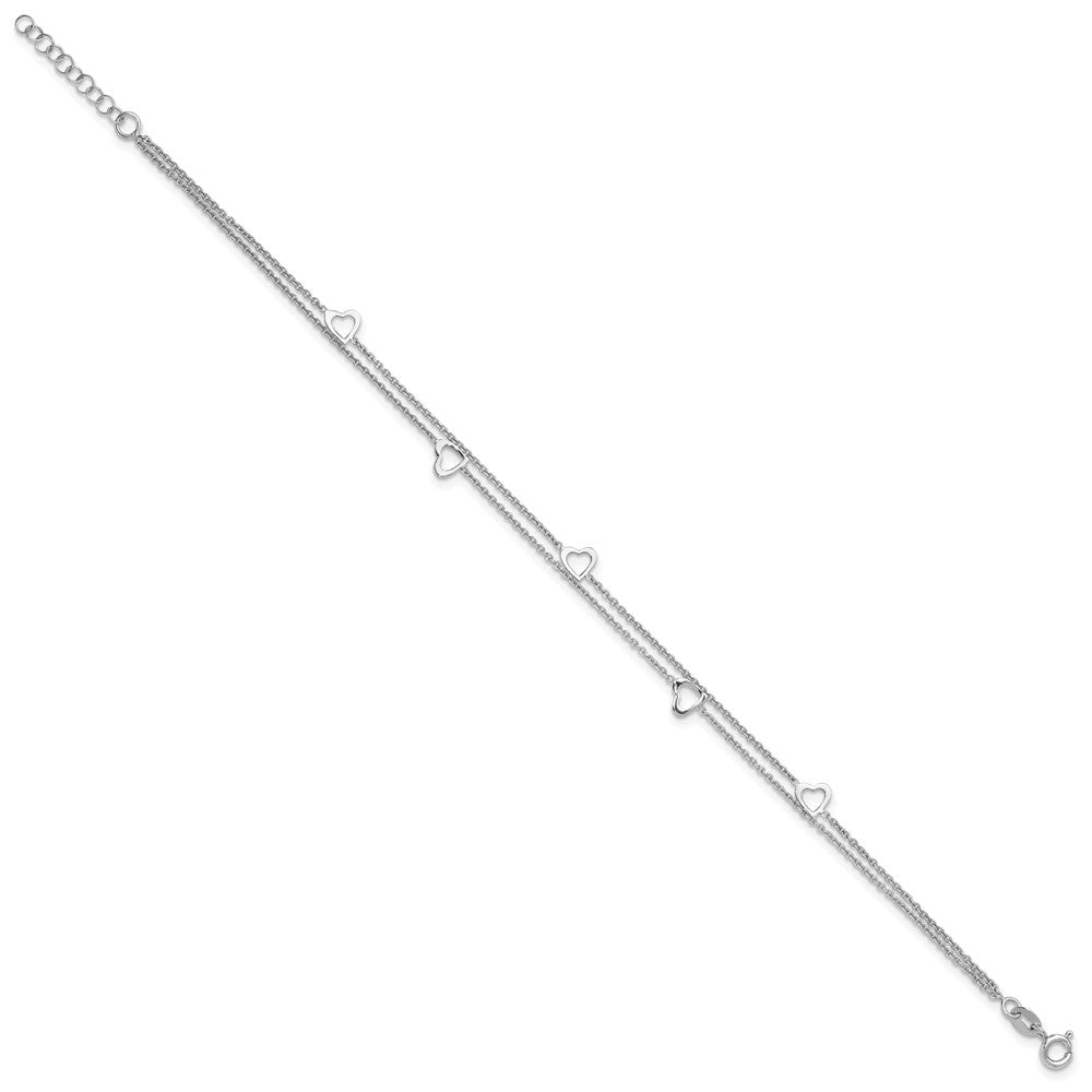 Sterling Silver Rhodium-plated 2-Strand Plus ext. Heart Anklet