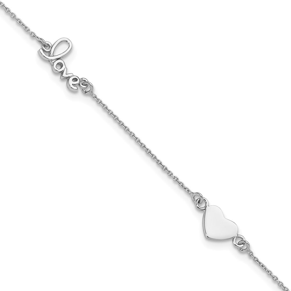 Sterling Silver Rhodium-plated Heart and LOVE Plus ext. Anklet