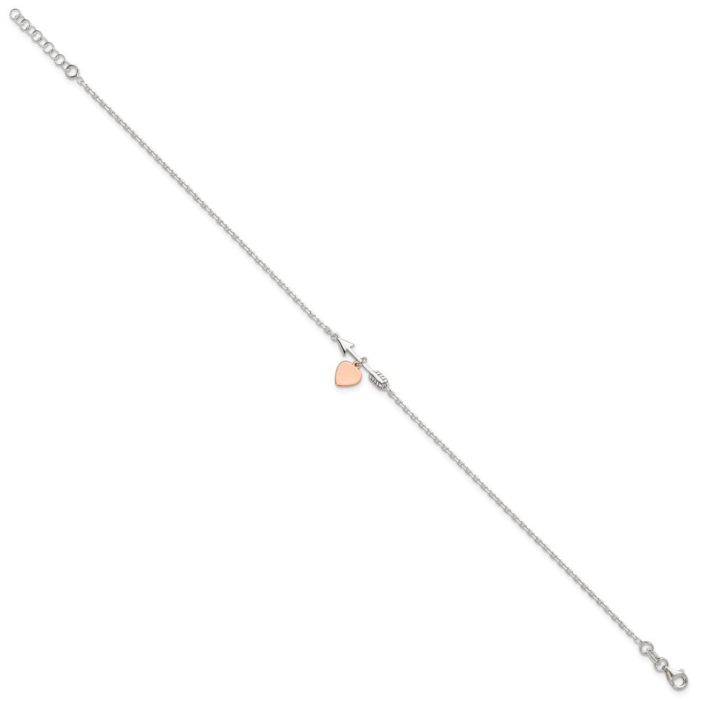 Sterling Silver Arrow with Rose-tone Heart Plus Ext Anklet