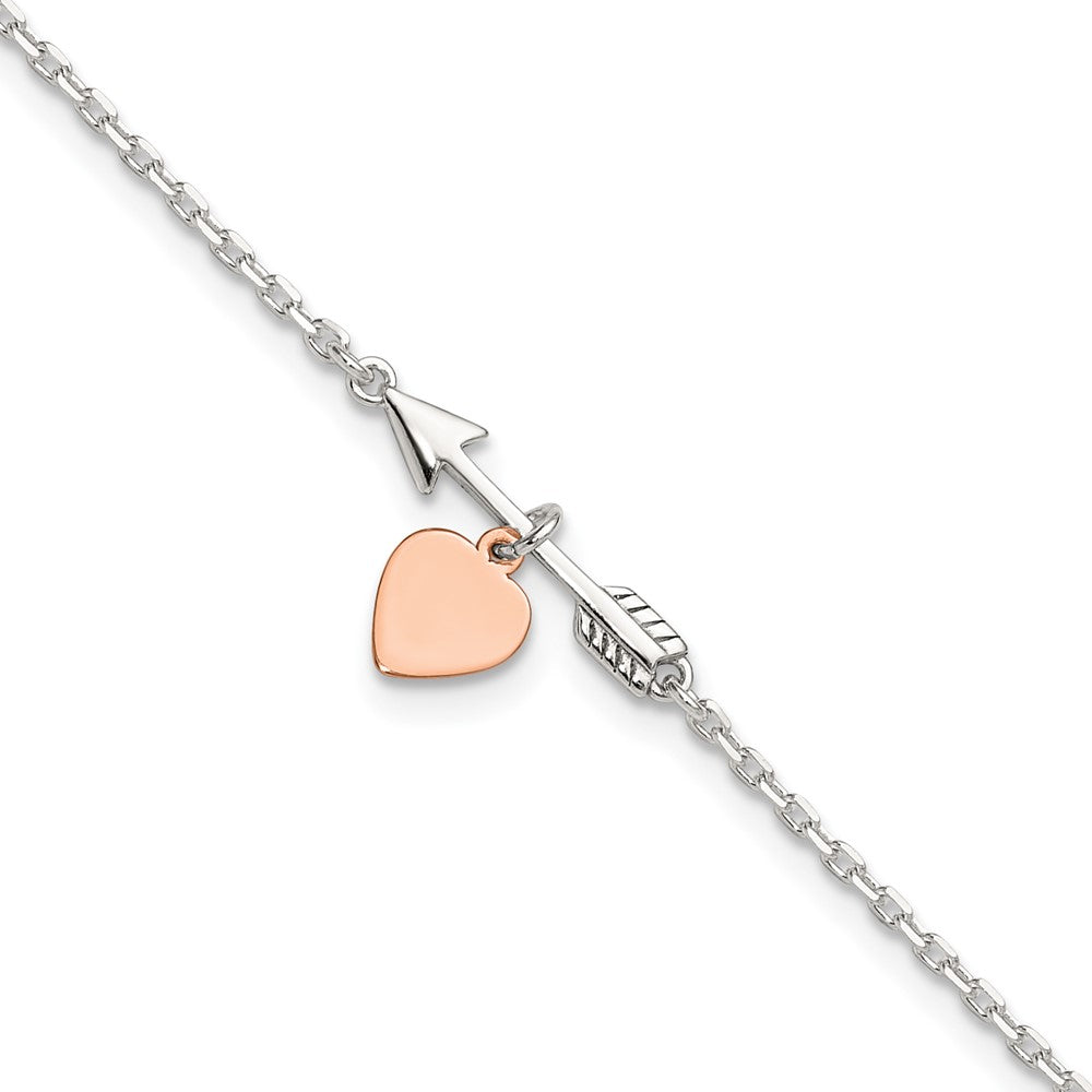 Sterling Silver Arrow with Rose-tone Heart Plus Ext Anklet