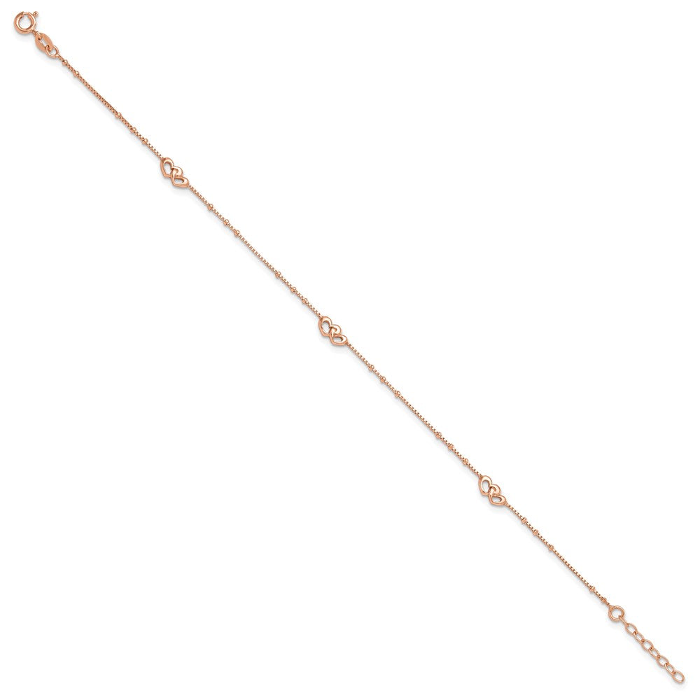 Sterling Silver Rose-tone Polished Hearts Plus Ext Anklet