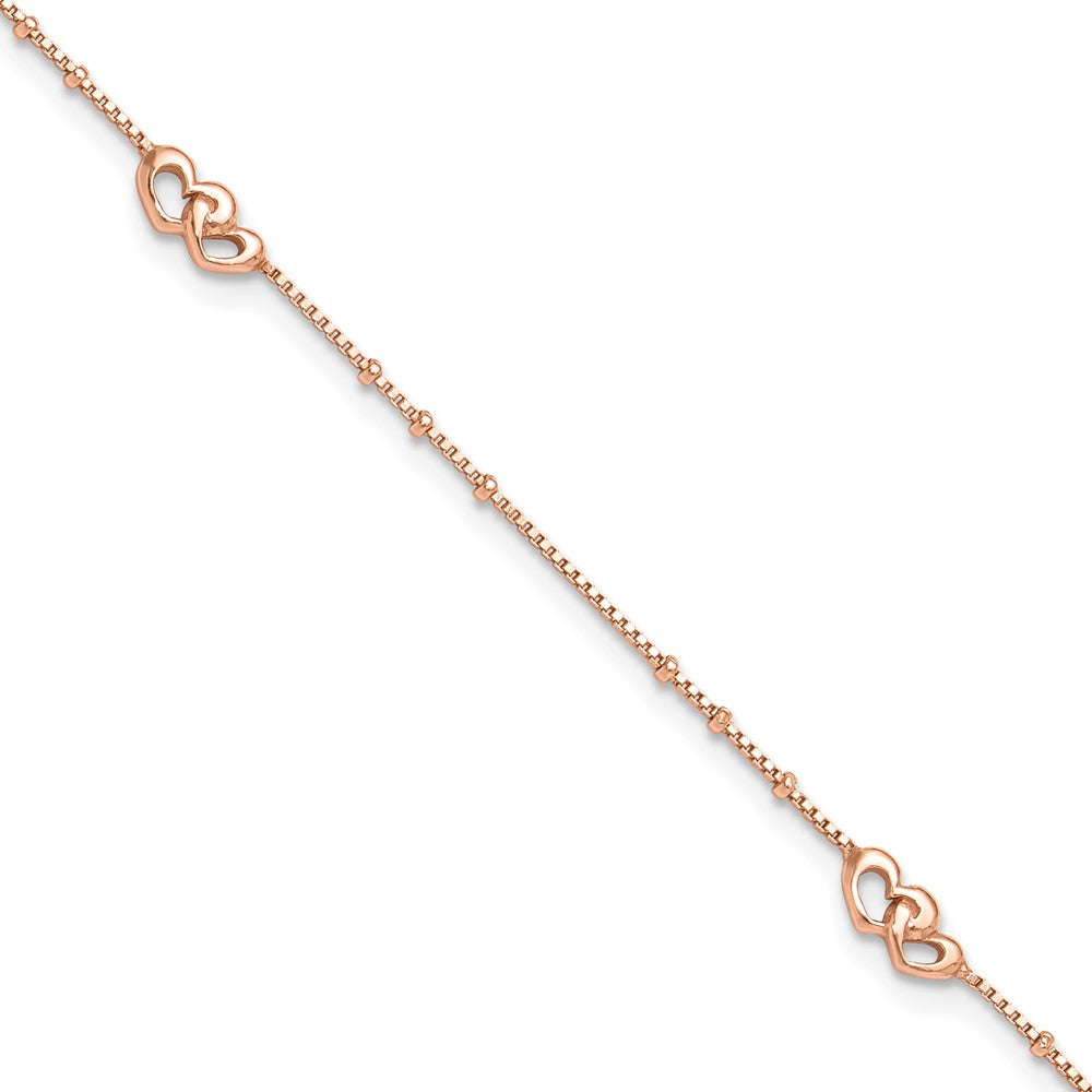 Sterling Silver Rose-tone Polished Hearts Plus Ext Anklet