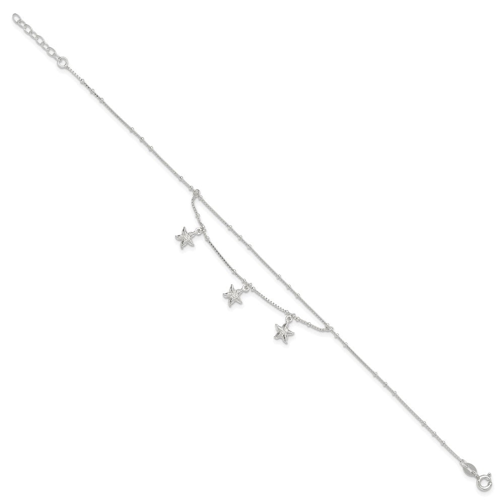 Sterling Silver Polished 2-Strand Starfish Plus Ext Anklet