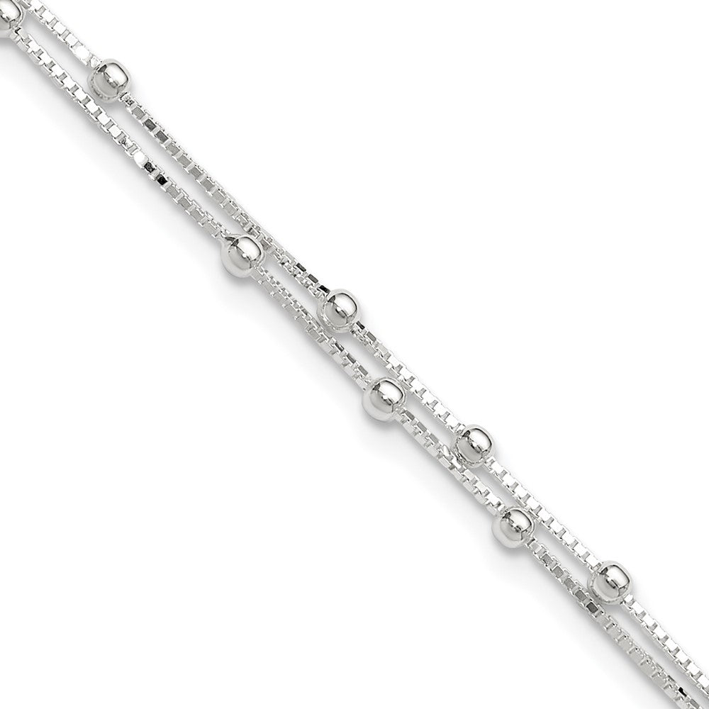 Sterling Silver Polished Beaded 2-strand Plus ext. Anklet