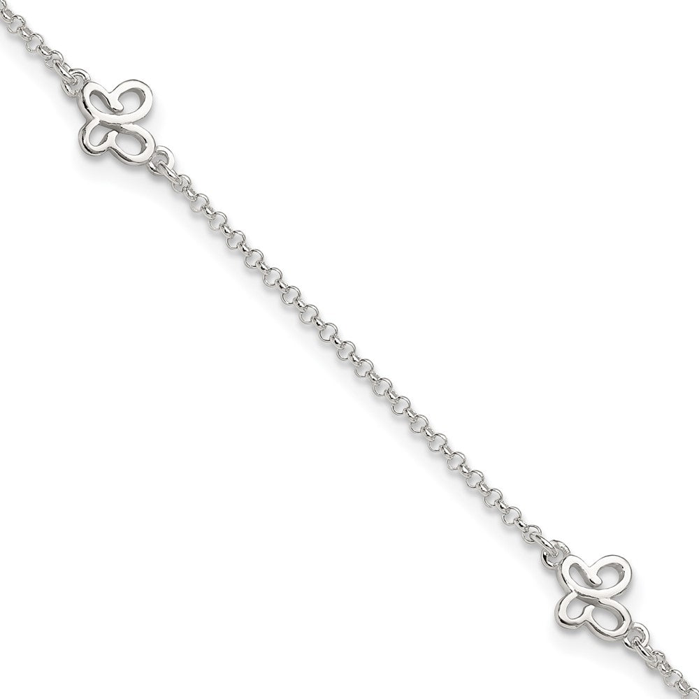 Sterling Silver Polished Butterfly Plus Ext Anklet