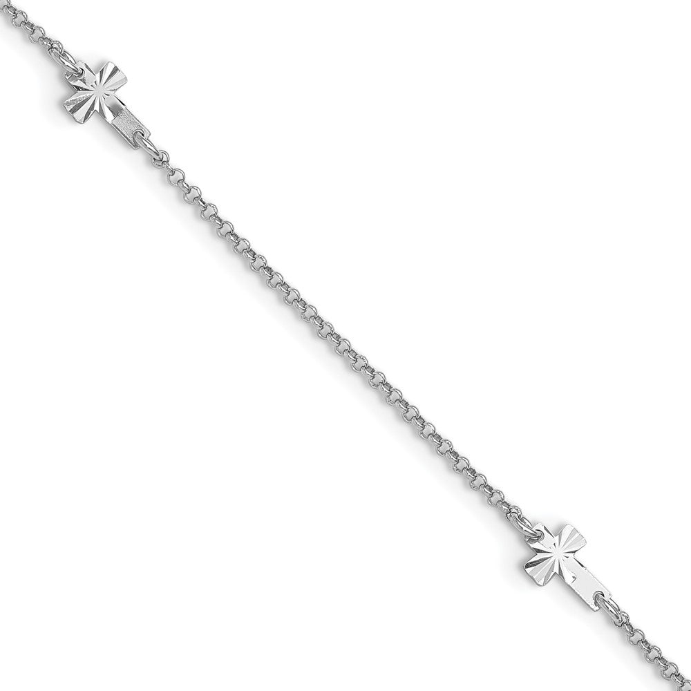 Sterling Silver Rhod-plated Diamond-cut Crosses Plus Ext. Anklet