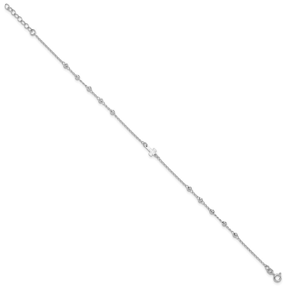 Sterling Silver Rhod-plated Diamond-cut Beads Plus Ext. Cross Ankle