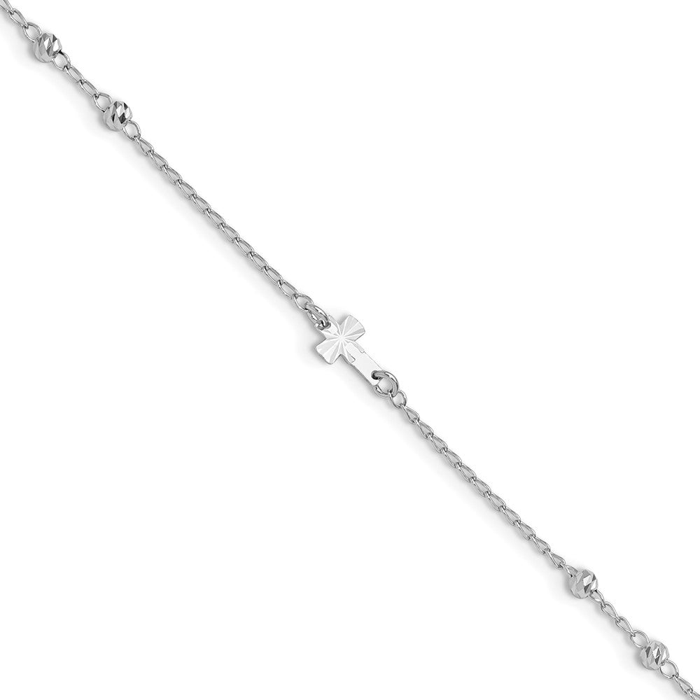 Sterling Silver Rhod-plated Diamond-cut Beads Plus Ext. Cross Ankle