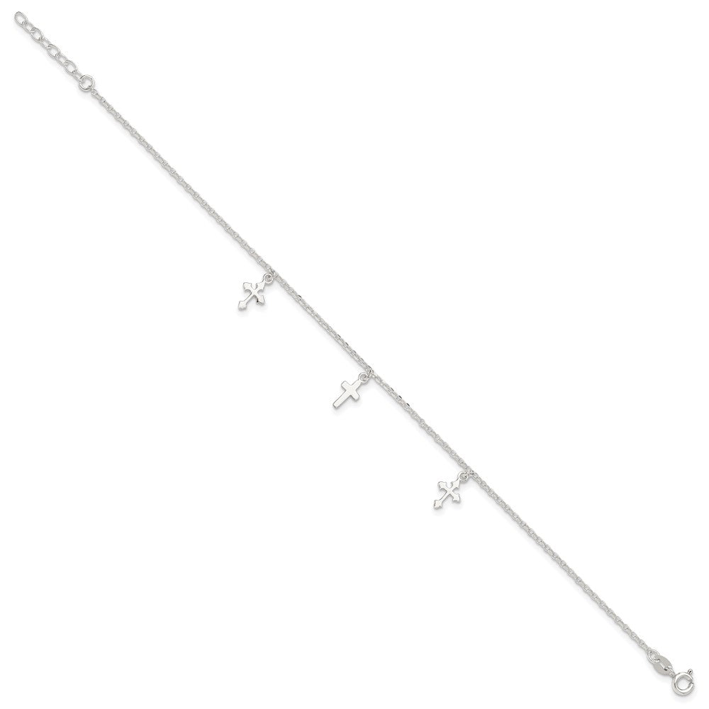 Sterling Silver Polished Cross Dangle Plus Ext Anklet