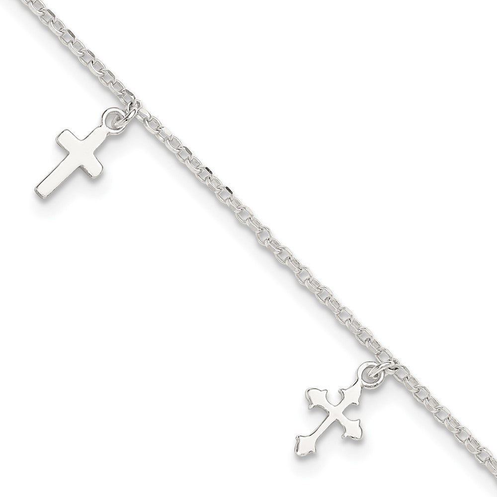 Sterling Silver Polished Cross Dangle Plus Ext Anklet