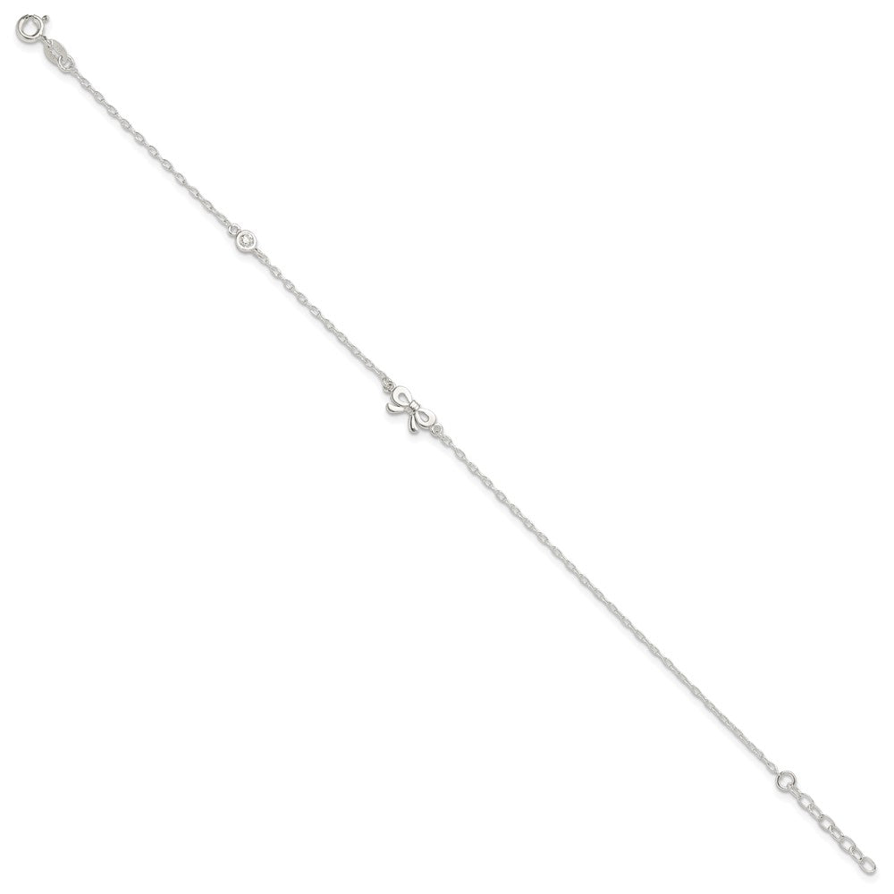 Sterling Silver Polished CZ Bow Plus Ext. Anklet