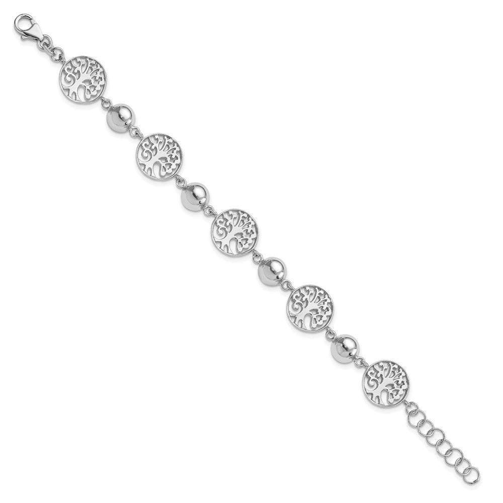 Sterling Silver Rhodium-plated Round Tree of Life and Beads with Extension Bracelet