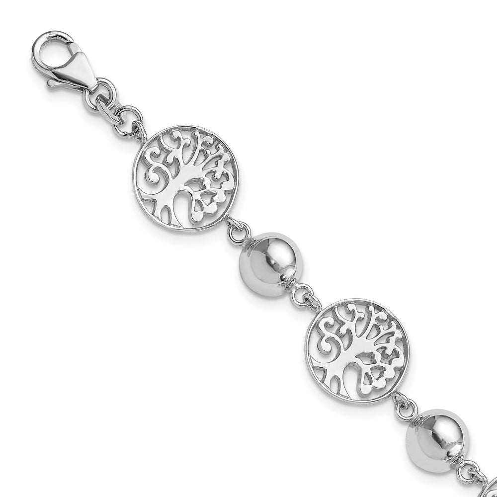 Sterling Silver Rhodium-plated Round Tree of Life and Beads with Extension Bracelet