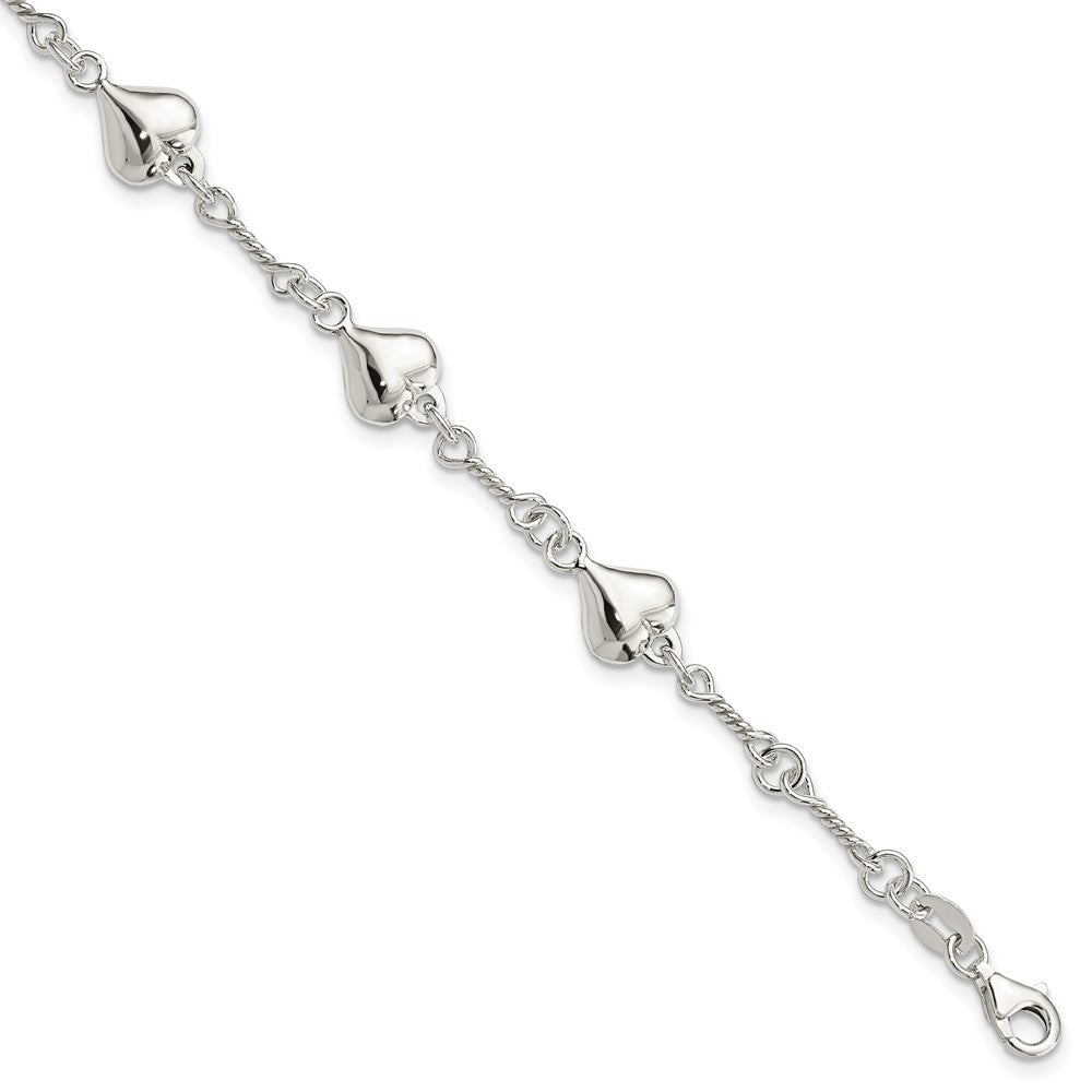 Sterling Silver Polished Puffed Heart Twisted Link 7.5 Inch Bracelet