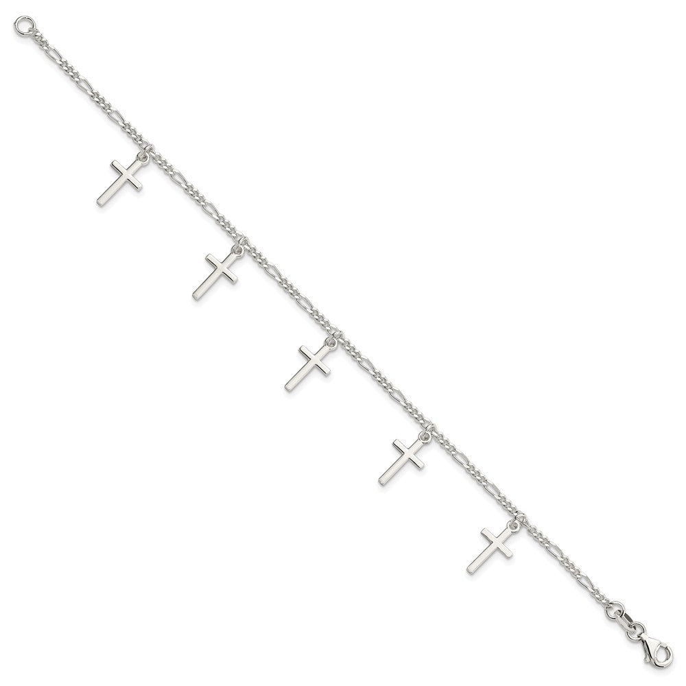 Sterling Silver Polished Cross Charms Figaro Link Bracelet