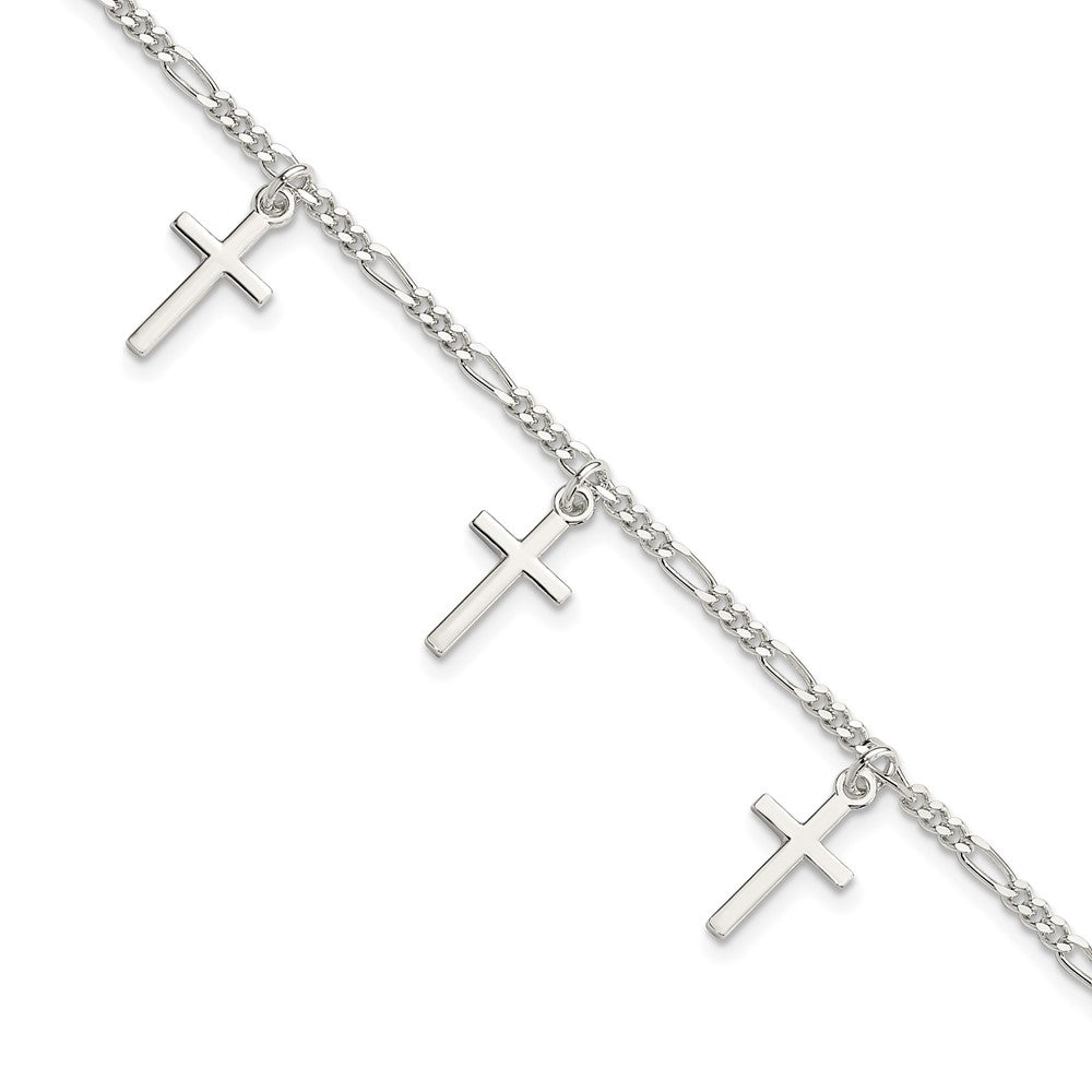 Sterling Silver Polished Cross Charms Figaro Link Bracelet