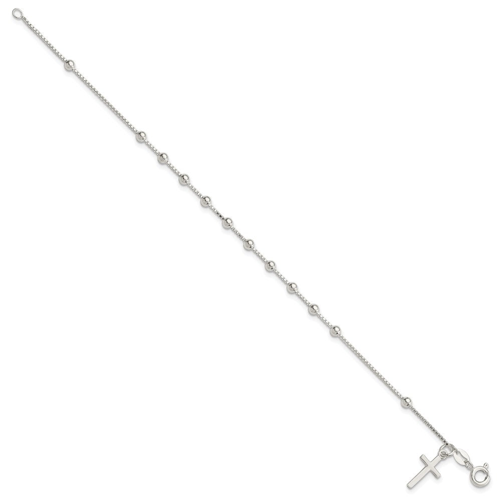Sterling Silver Polished Beaded Box Chain with Cross Charm Bracelet
