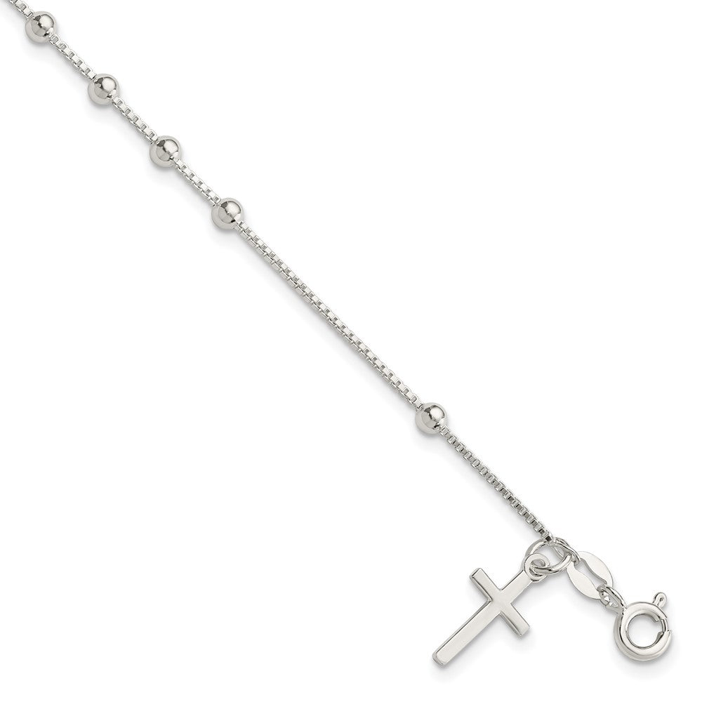 Sterling Silver Polished Beaded Box Chain with Cross Charm Bracelet