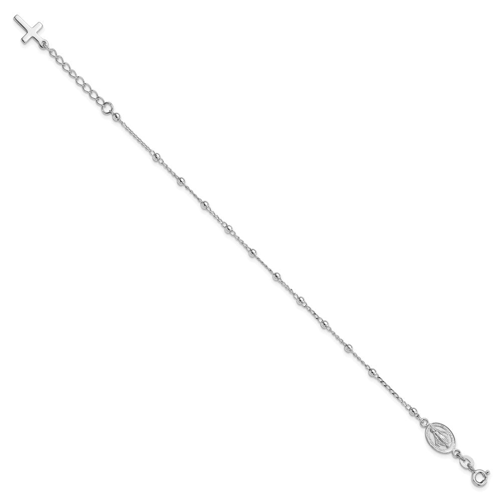 Sterling Silver Rhodium-plated Beaded Chain with Miraculous Medal and Cross Dangle with Extension Bracelet