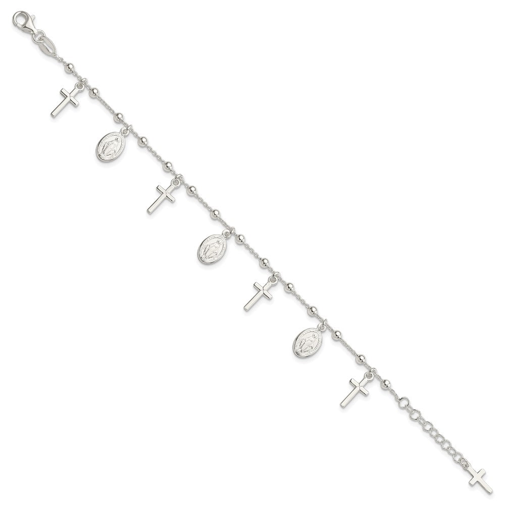 Sterling Silver Polished Cross and Miraculous Medal Charms with Extension Bracelet