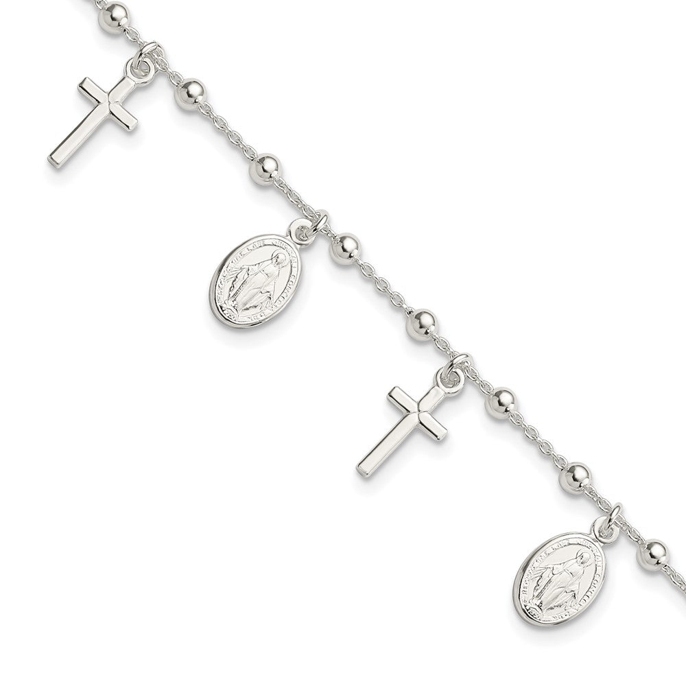 Sterling Silver Polished Cross and Miraculous Medal Charms with Extension Bracelet