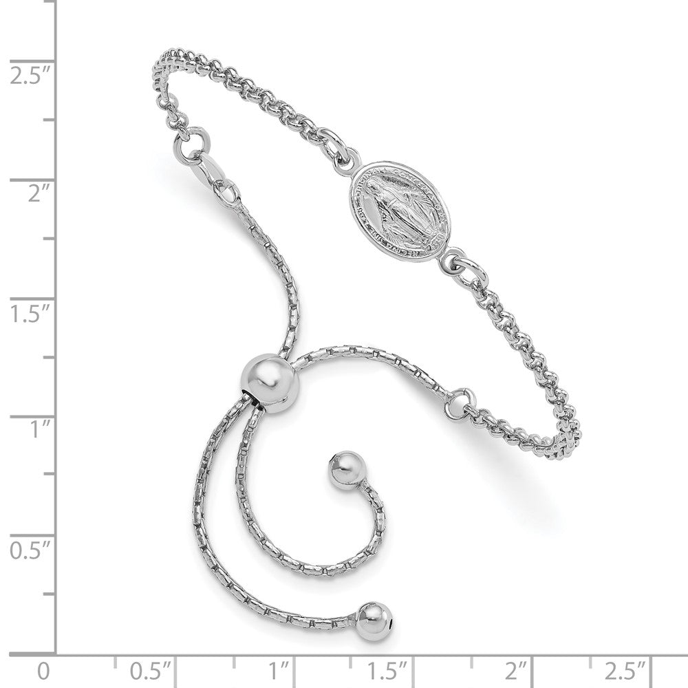 Sterling Silver Rhodium-plate Miraculous Medal to Adjustable Bolo Bracelet