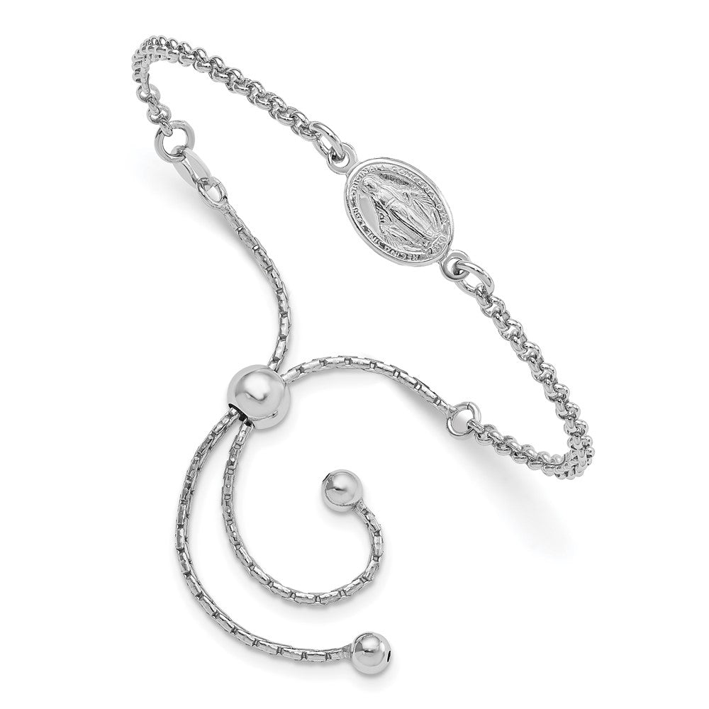 Sterling Silver Rhodium-plate Miraculous Medal to Adjustable Bolo Bracelet