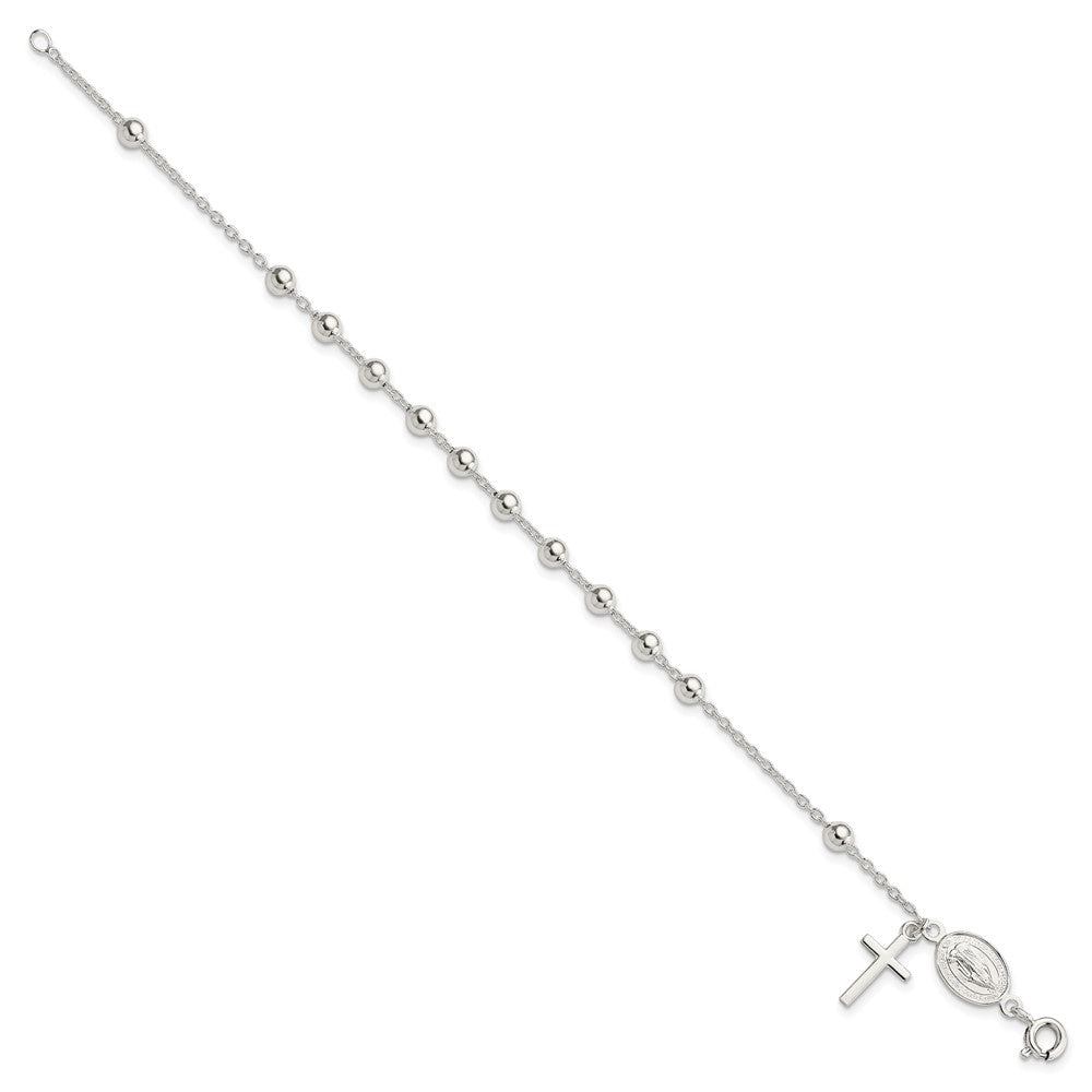 Sterling Silver Polished Cross Dangle / Miraculous Medal / Beads Rosary Bracelet