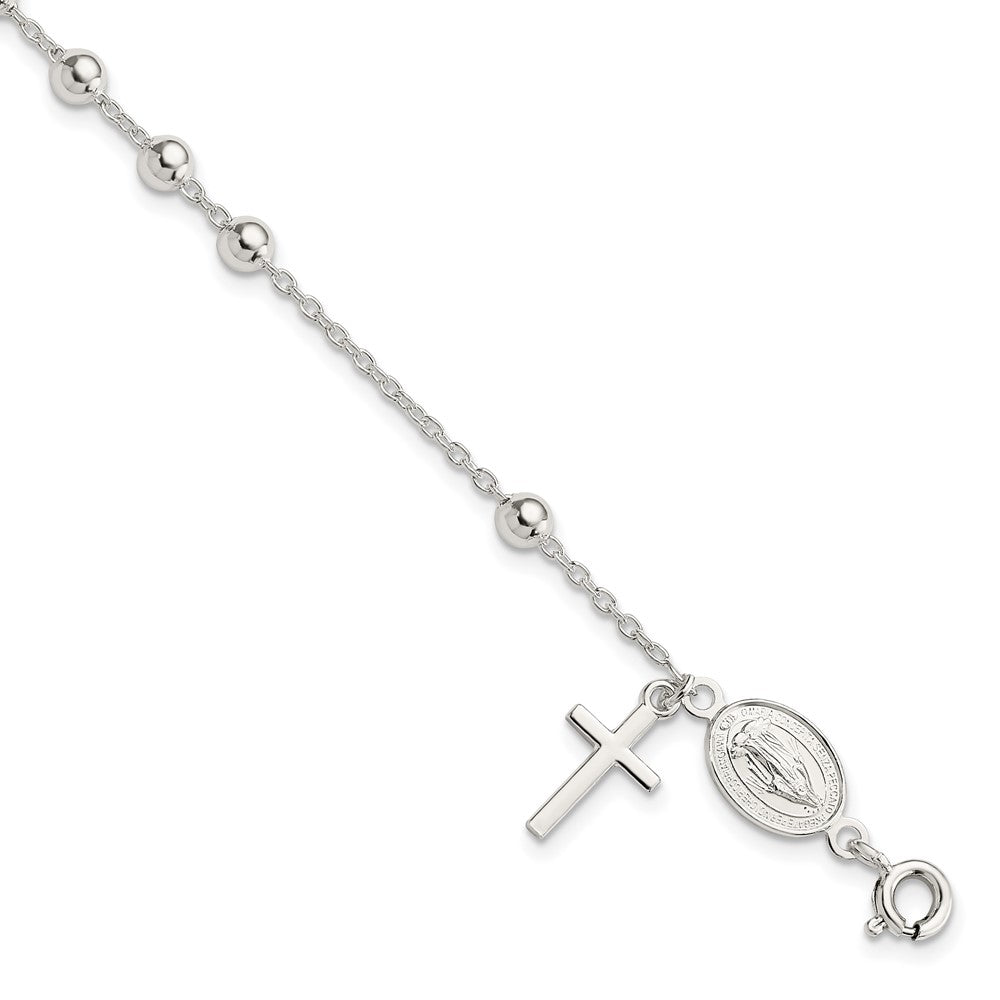 Sterling Silver Polished Cross Dangle / Miraculous Medal / Beads Rosary Bracelet