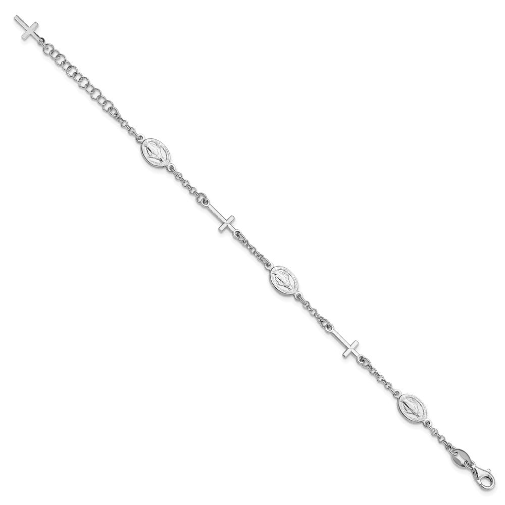 Sterling Silver Rhodium-plated Cross and Miraculous Medal with Extension Bracelet