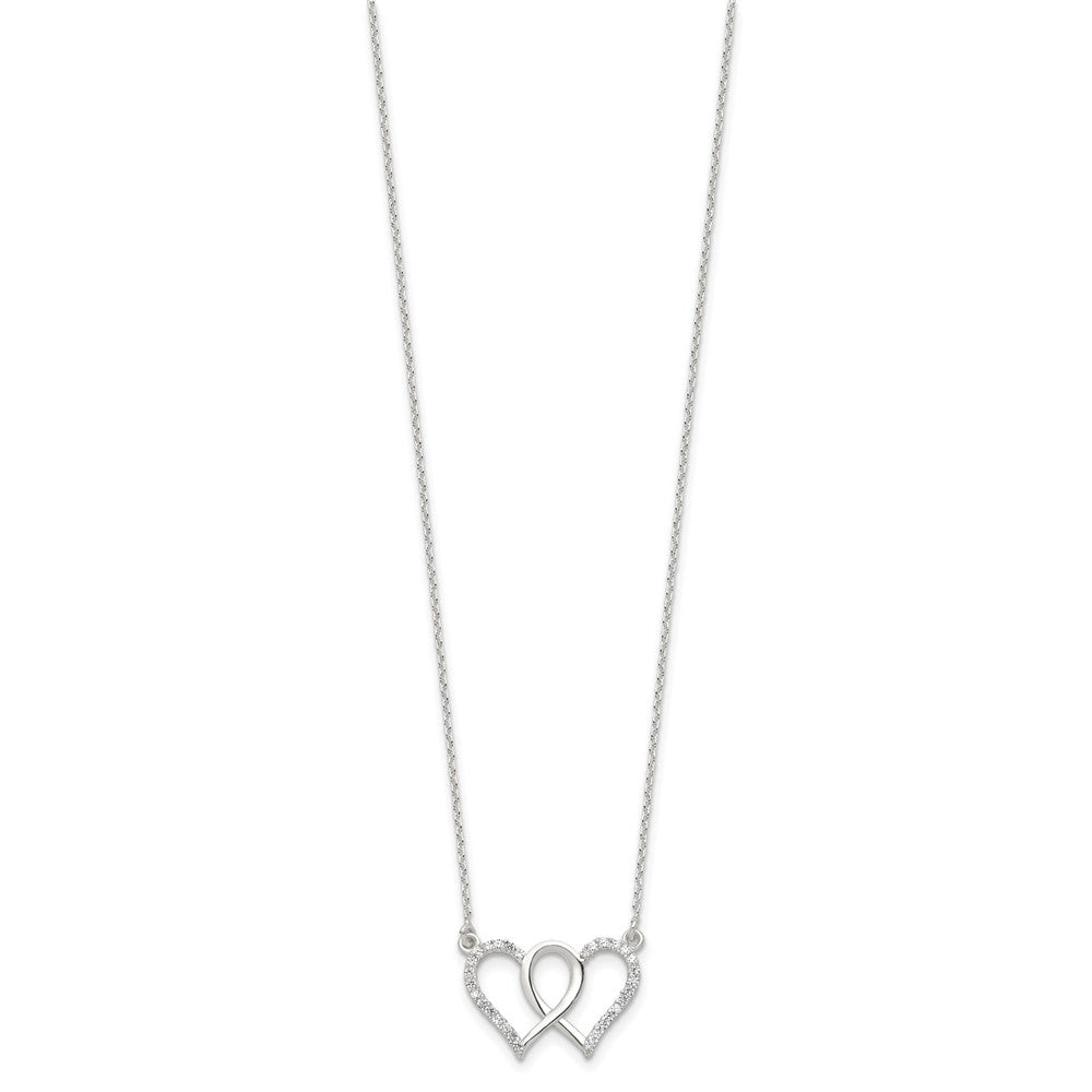 Sterling Silver Polished Interconnected CZ Double Hearts Necklace