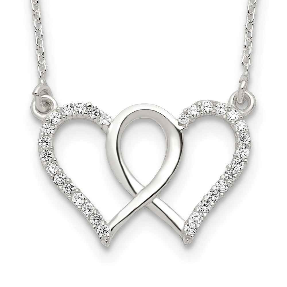 Sterling Silver Polished Interconnected CZ Double Hearts Necklace