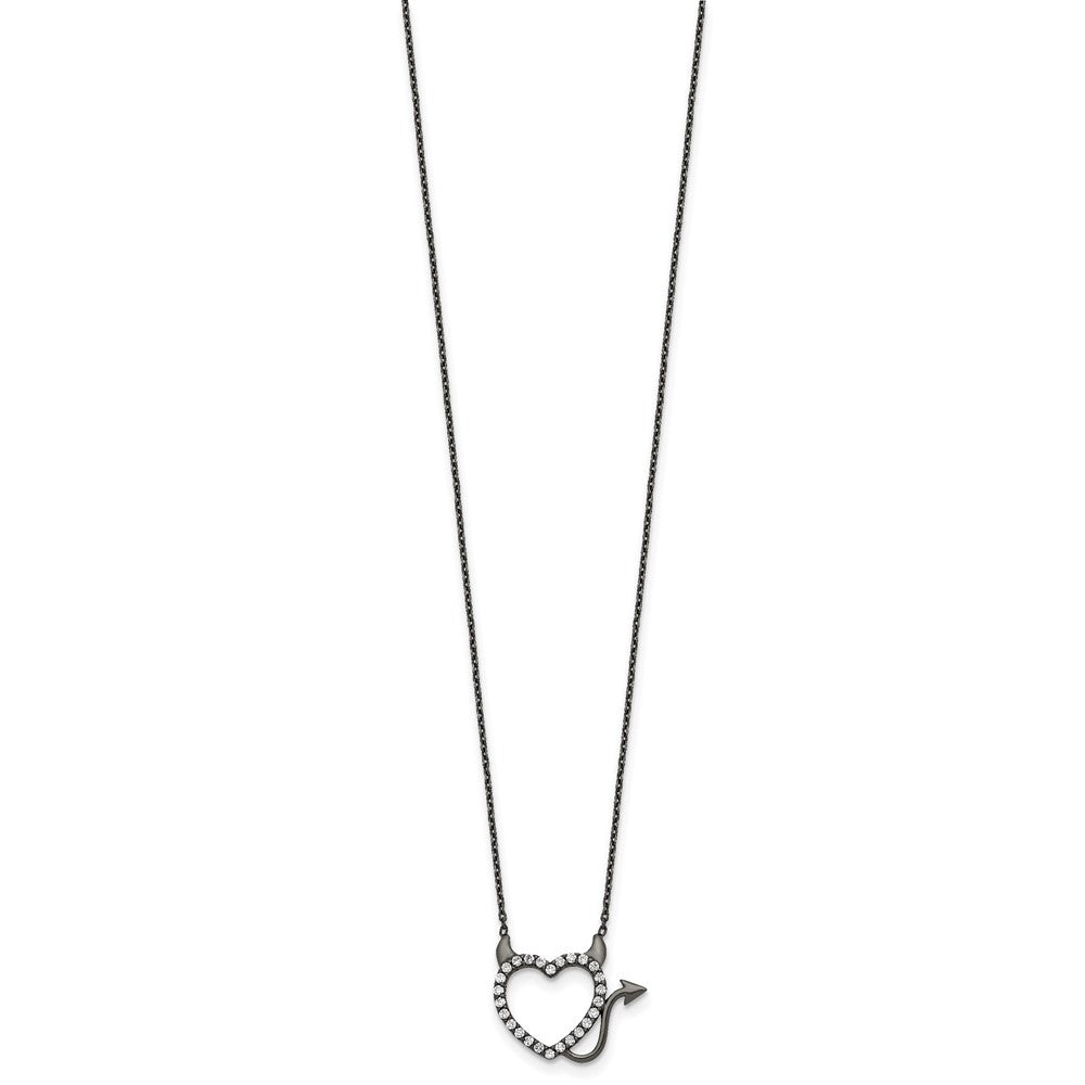 Sterling Silver Black Ruthenium Plated Devil Heart CZ Necklace