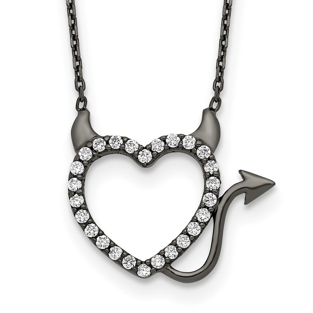 Sterling Silver Black Ruthenium Plated Devil Heart CZ Necklace