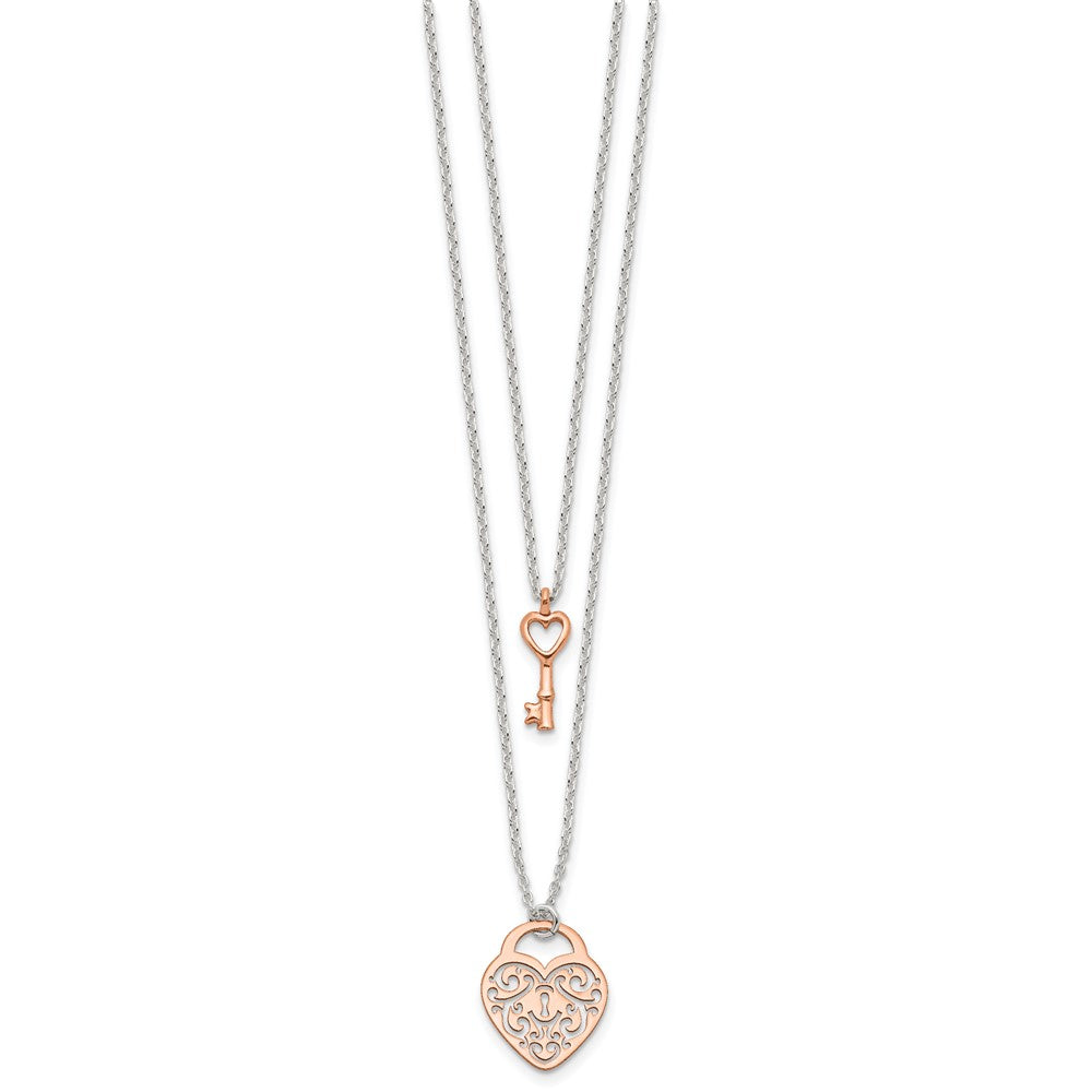 Sterling Silver and Rose-tone Heart Lock and Key 2-strand Necklace