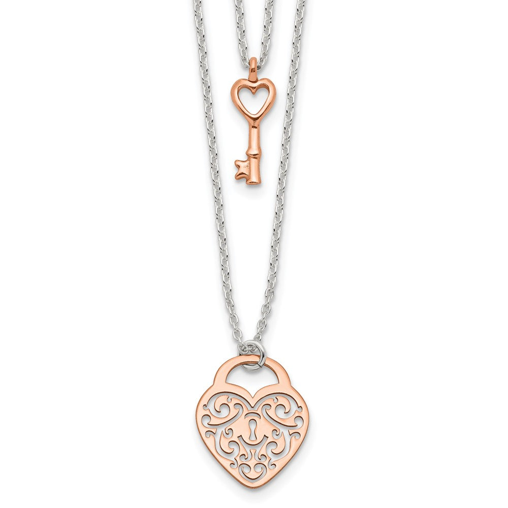 Sterling Silver and Rose-tone Heart Lock and Key 2-strand Necklace