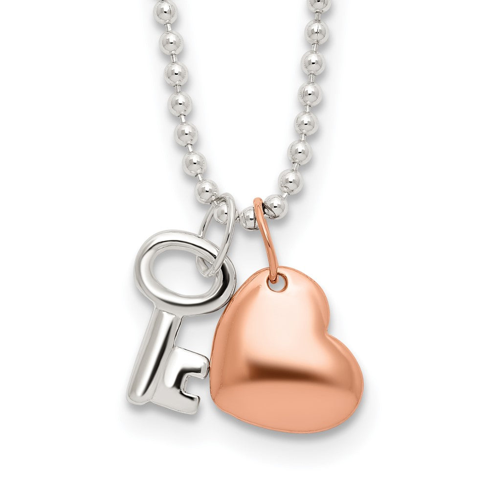 Sterling Silver Rose-tone Heart and Key Necklace