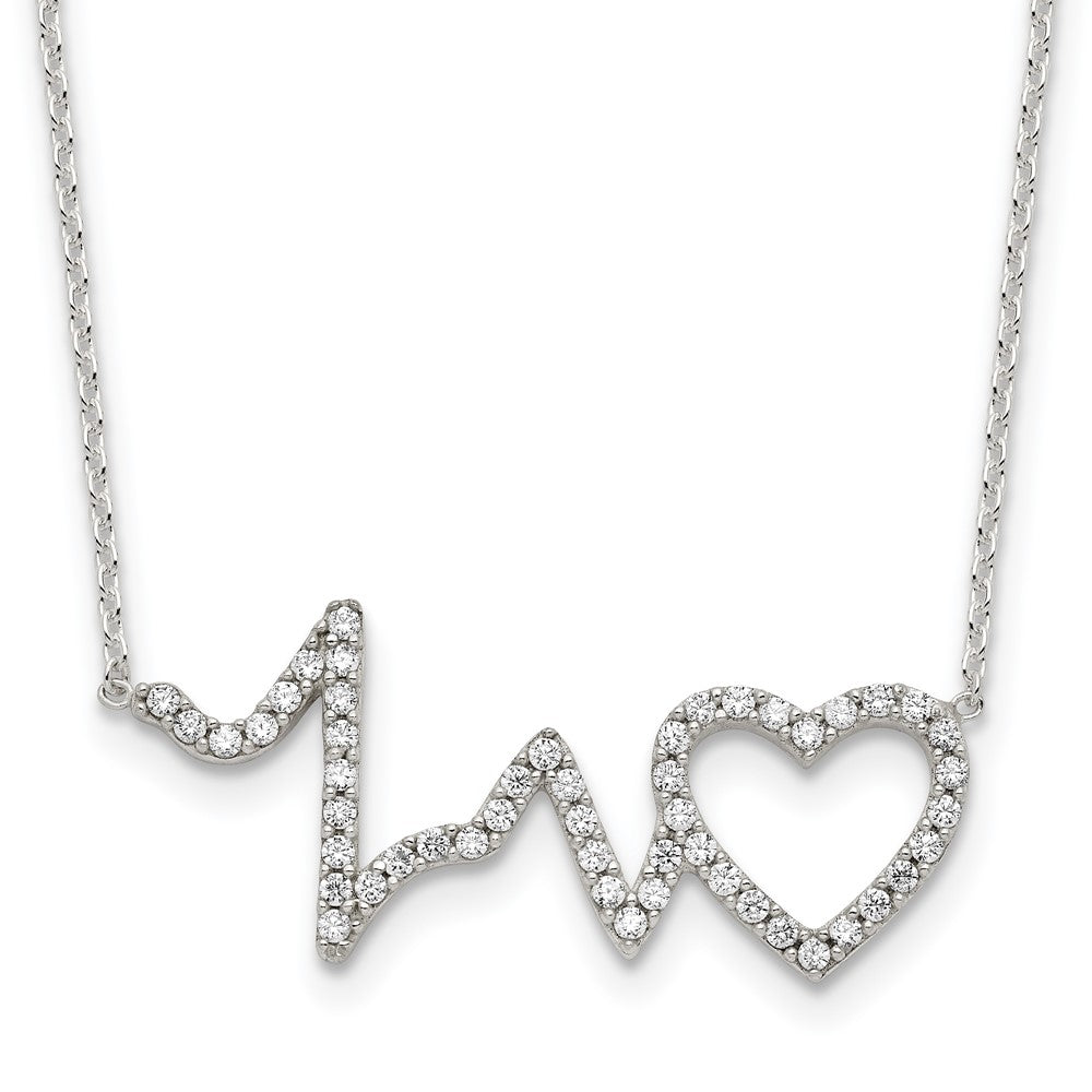 Sterling Silver Polished CZ Heartbeat Necklace