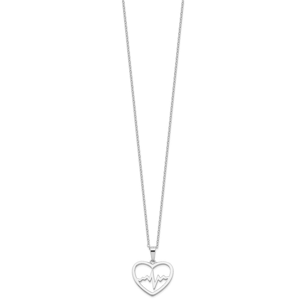 Sterling Silver Rhodium-plated Heartbeat in Heart with Extension Necklace