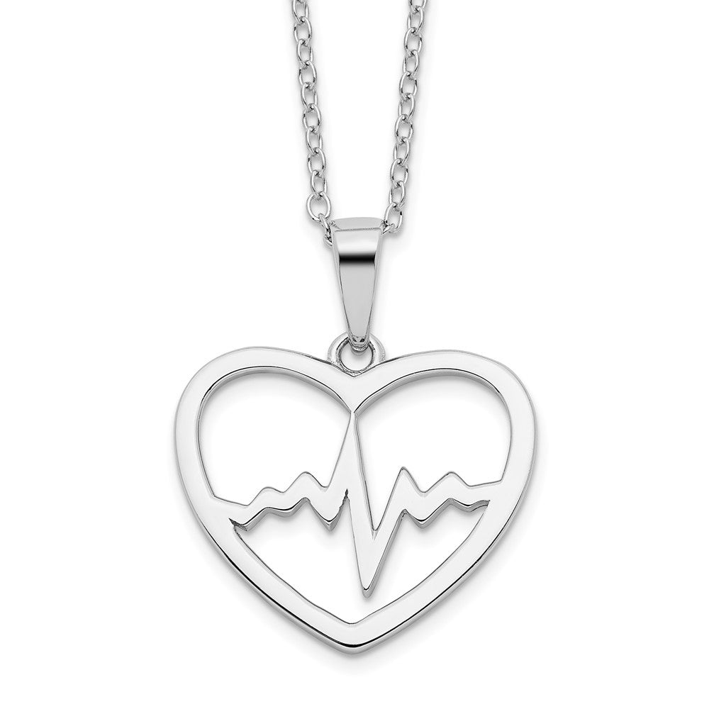 Sterling Silver Rhodium-plated Heartbeat in Heart w/ Ext Necklace