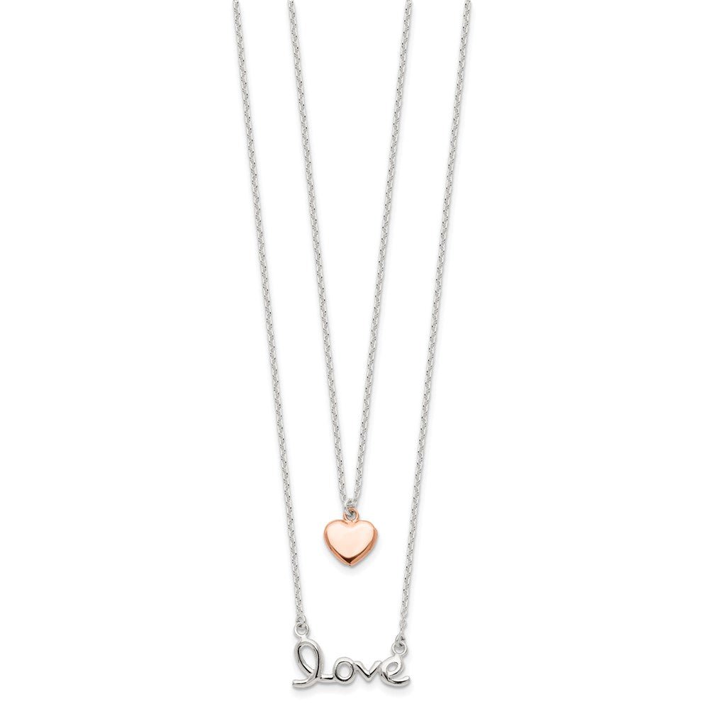 Sterling Silver Rose-tone LOVE and Heart Double Strand Necklace