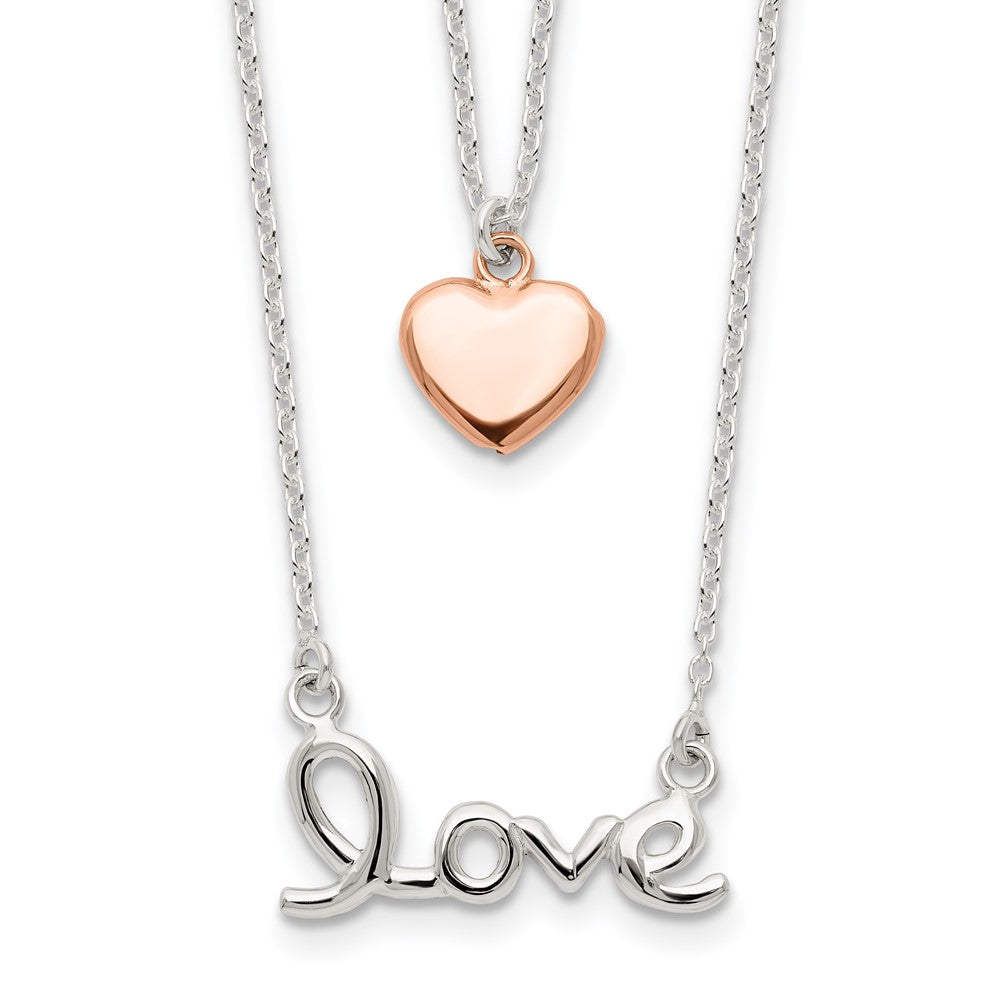 Sterling Silver Rose-tone LOVE and Heart Double Strand Necklace