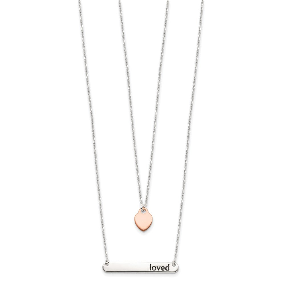 Sterling Silver Rose-tone Heart and Enameled LOVED Bar Double Strand Necklace