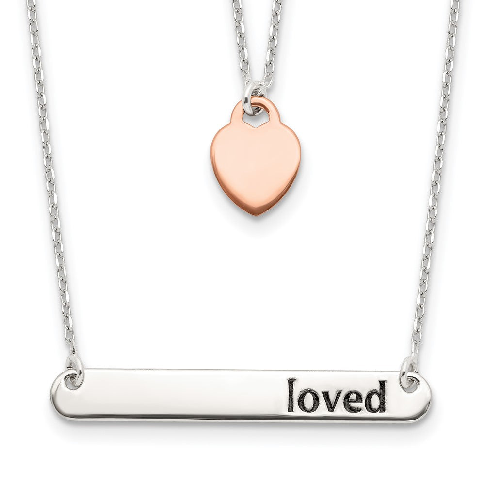 Sterling Silver Rose-tone Heart and Enameled LOVED Bar Double Strand Necklace