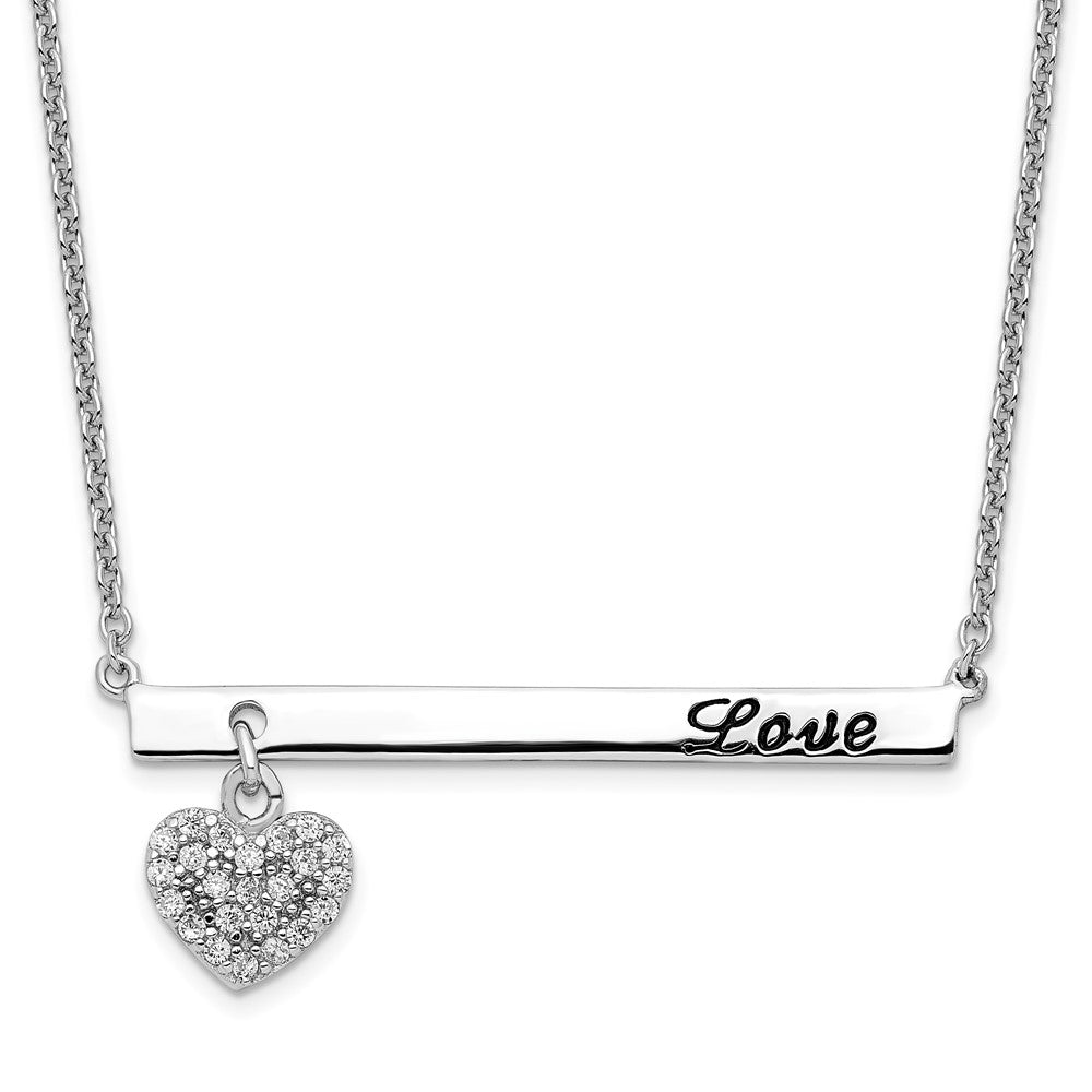 Sterling Silver Rhodium Plated Antiqued LOVE Bar with CZ Heart Dangle Necklace